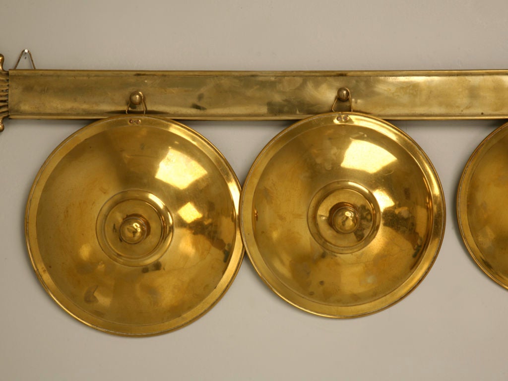 c.1930 French Brass Graduated Pot Lids on Wall Rack 5