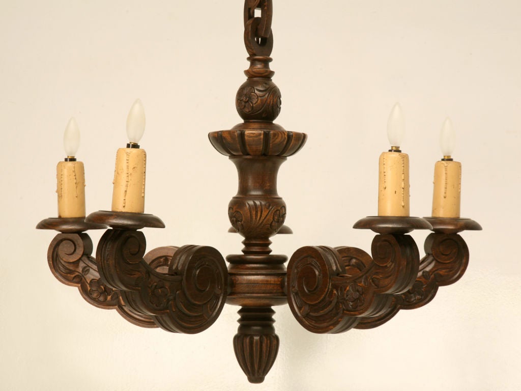 c.1920 Hand-Carved French 5 Light Chandelier w/Wood Chain