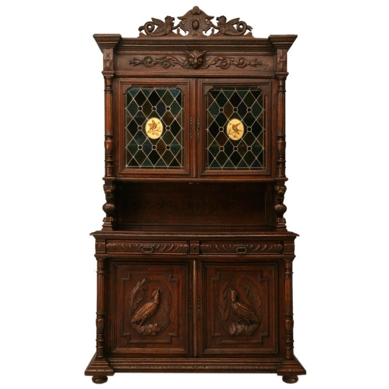 c.1880 French Oak Cupboard w/Carvings & Leaded Stained Glass