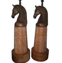 Pair of Vintage Carved Wood Horse Head Lamps