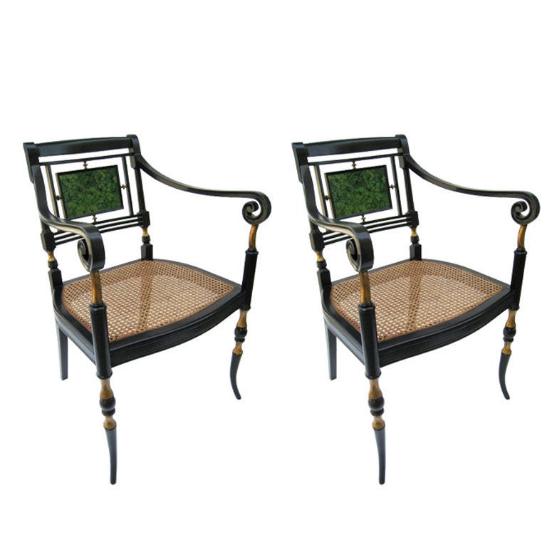 Pair of Italian Scroll Arm and Malachite Chairs For Sale 1