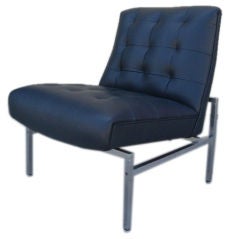 Tufted Navy Blue Leather Slipper Chair after Florence Knoll