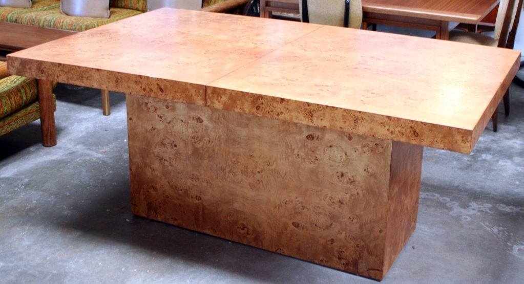 Milo Baughman Olive Burl Two Leaf Dining Table on Pedestal Base