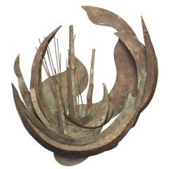 Abstract Hammered Bronze Wall Sculpture of a Ship at Sea