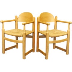 Set of Eight  Oak and Rush  French Armchairs