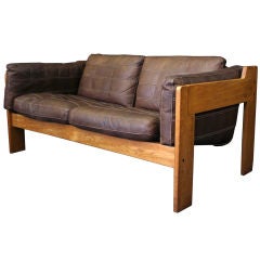 Used California Designs Love Seat in Stitched Leather and Blond Oak
