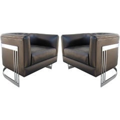 Vintage Pair of Chrome and Leather Barrel Chairs