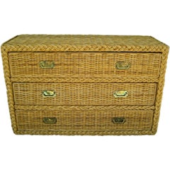 Vintage Superb Wicker Chest of Drawers with Brass Hardware