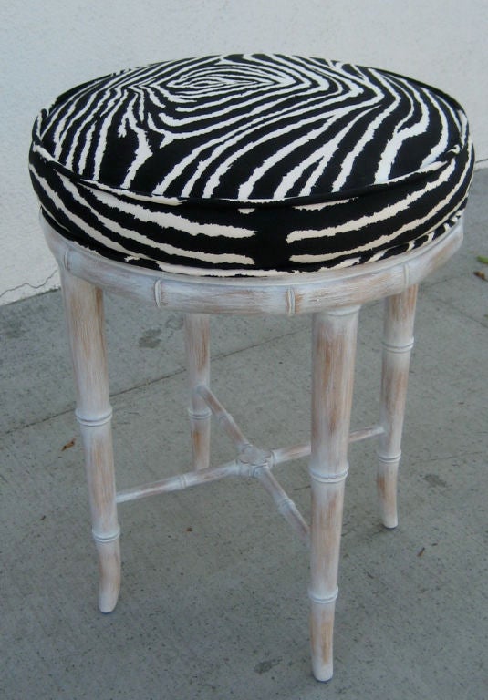 Faux Bamboo Stool with Antiqued Whitewash finish.  Zebra Ultrasuede upholstery.