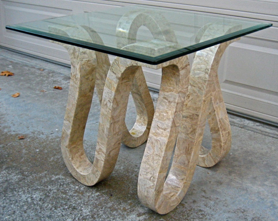 Beautifully crafted Serpentine side table veneered in Tesselated Fossil stone.  Thick beveled glass top.  Base measures 20 x 20 x 24 high.