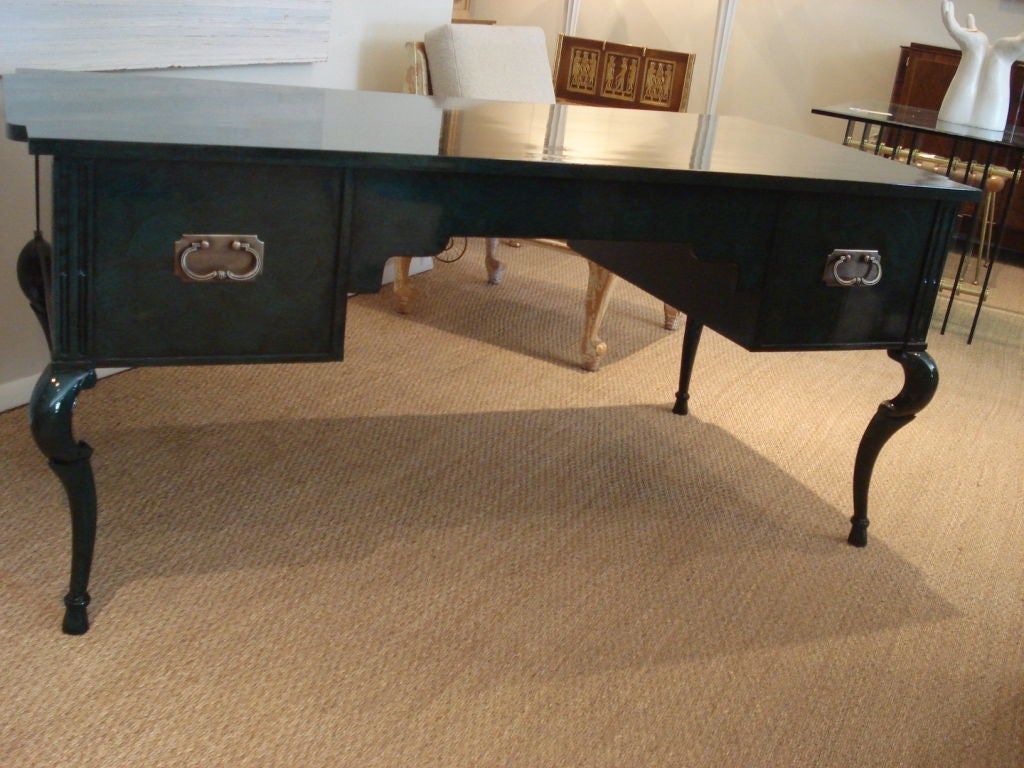 Whimsical faux malachite desk,solid brass hardware. Newly re-lacquered.