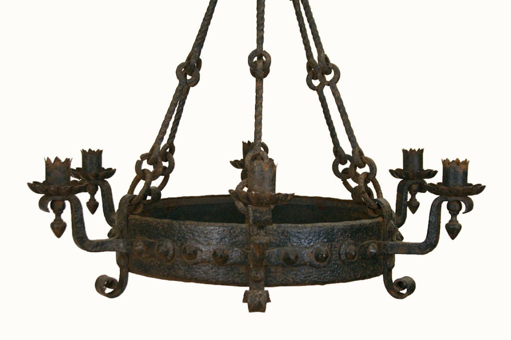 English Arts and Crafts Period Wrought Iron 6-Light Chandelier