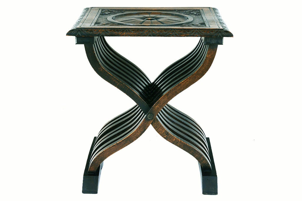 An Italian Carved Oak Savonarola Style Side Table or Stool