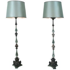 A Pair of Italian Late Rococo Silvered Copper & Velvet Torcheres