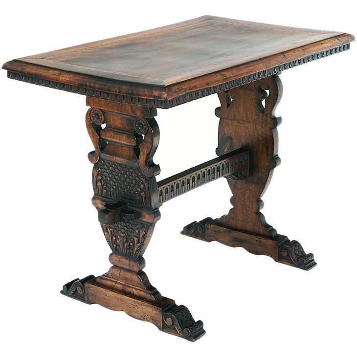 Italian Renaissance Style Walnut and Inlaid Trestle Side Table