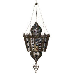 Antique Large Moroccan Filigree Brass and Painted Glass Lantern