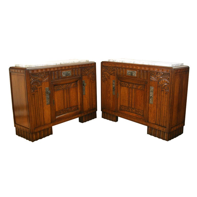 A Pair of Northern European Oak Art Deco Marble Top Credenzas