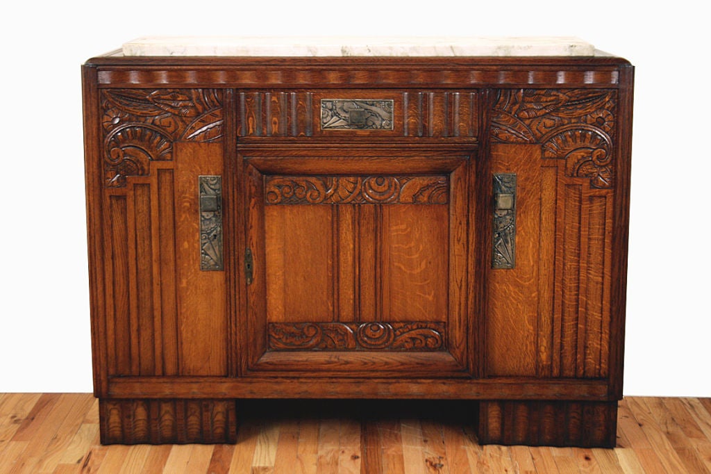Belgian A Pair of Northern European Oak Art Deco Marble Top Credenzas