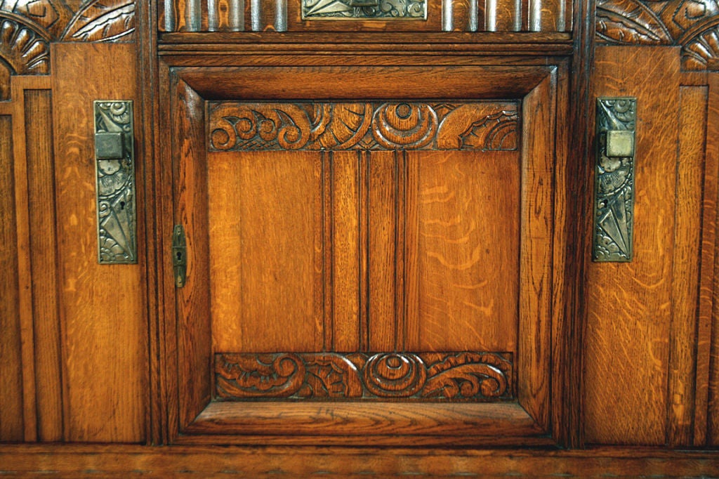 A Pair of Northern European Oak Art Deco Marble Top Credenzas In Excellent Condition In Atlanta, GA