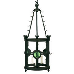 An Unusual Italian Patinated Brass & Green Glass Hanging Lantern