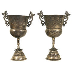 Antique A Pair of South American Baroque Silvered Brass Handled Vessels