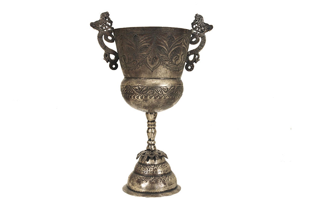 A Pair of South American Baroque Silvered Brass Handled Vessels