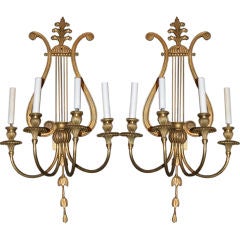 Pair of Caldwell Sconces with Lyre Shaped Backplate
