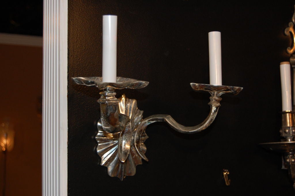 Pair of Silver Plated Double Light Sconces.  Six pairs are available.   ca 1920's