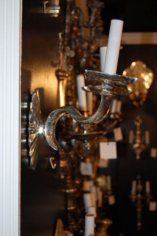 20th Century Pair of Silver Plated Double Light Sconces   ca 1920's For Sale
