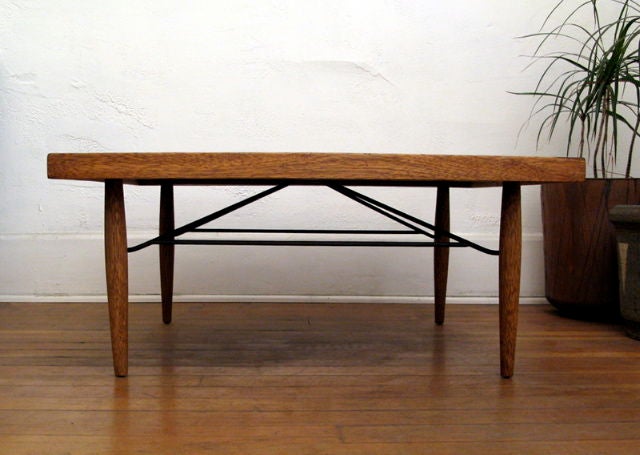 Rare and elegant coffee table of mahogany and fruitwood with wire strut braces by California designer Luther Conover, produced c. 1955.  A wonderful example of<br />
postwar California design.