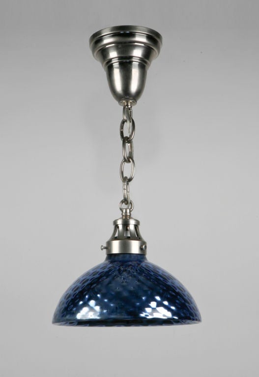 HL3440<br />
An antique quilted blue mercury glass pendant on nickel-plated solid brass fittings custom made in the Remains Lighting workshop. Due to the antique nature of this item, there may be nicks or imperfections in the glass. Other custom
