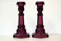 Pair of Molded Amethyst Glass Candlesticks
