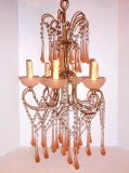 Antique Gilt Metal Chandelier with Peach Glass
