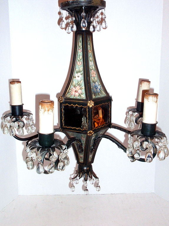 Mid-20th Century Floral Painted Tole Chandelier For Sale