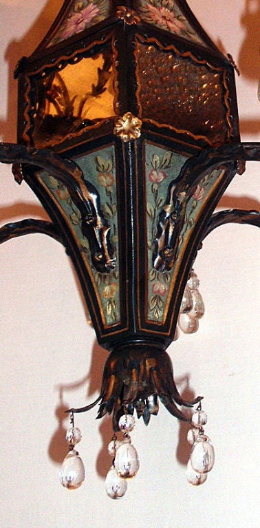 French Floral Painted Tole Chandelier For Sale
