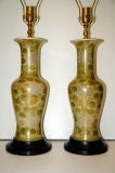 Vintage Pair of Hand Painted Celadon Lamps