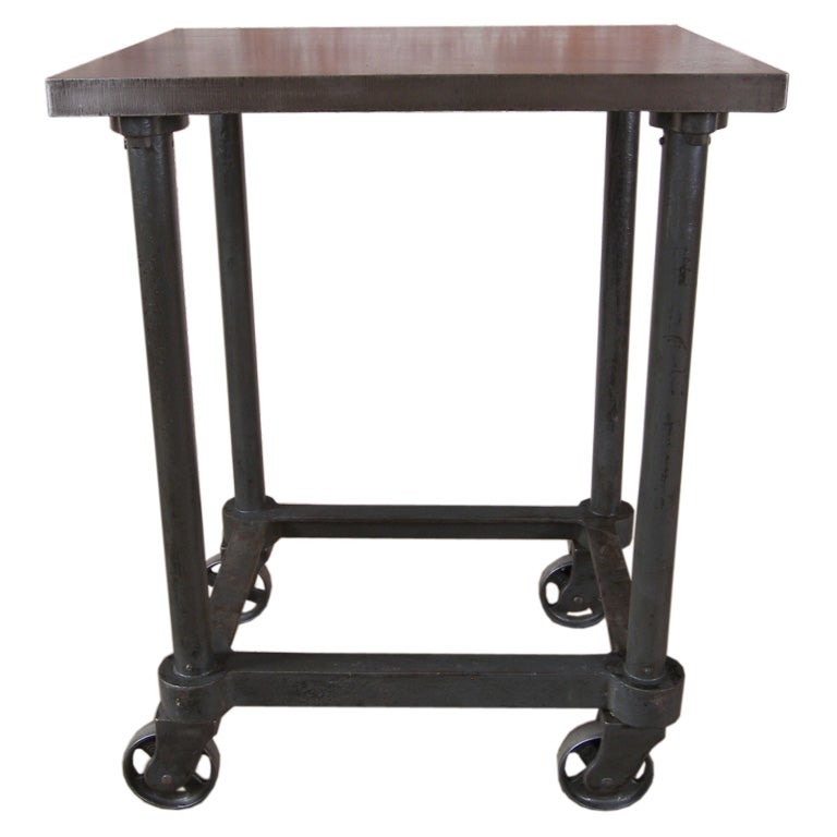 Vintage Industrial Cast Iron & Steel Turtle Table on Casters