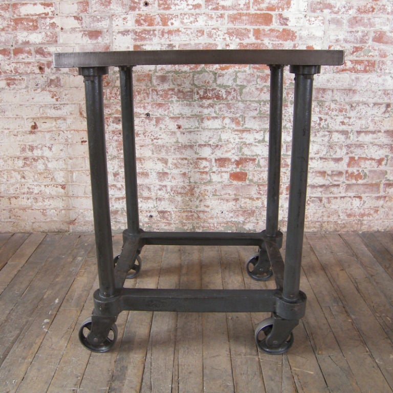 Vintage Industrial Cast Iron & Steel Turtle Table on Casters. 28 1/4