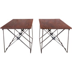 Pair of End Tables Vintage Industrial X-Base Wood and Metal Mid-Century Modern 