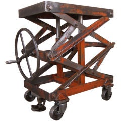 Vintage Industrial Adjustable Steel Scissor Lift Cart / Table