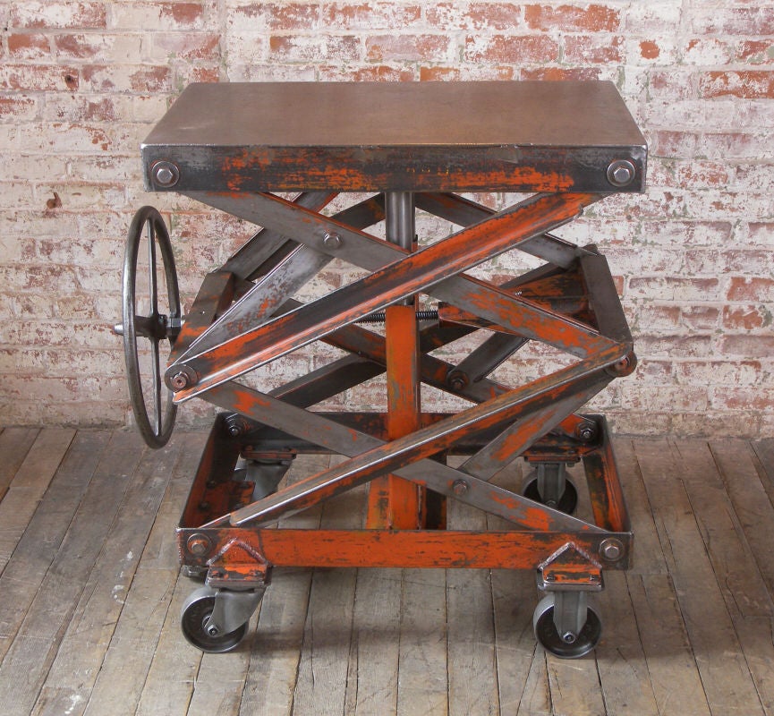 Vintage Industrial Adjustable Steel Scissor Lift Cart / Table. Top Measures 32