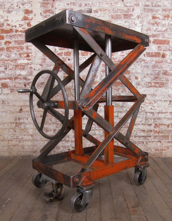 American Vintage Industrial Adjustable Steel Scissor Lift Cart / Table