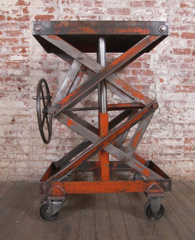 20th Century Vintage Industrial Adjustable Steel Scissor Lift Cart / Table