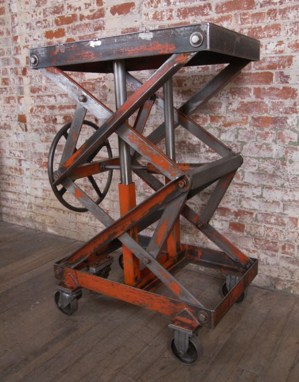 Vintage Industrial Adjustable Steel Scissor Lift Cart / Table 1