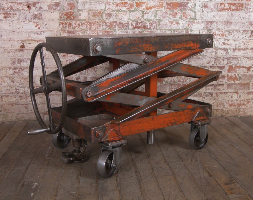 Vintage Industrial Adjustable Steel Scissor Lift Cart / Table 2