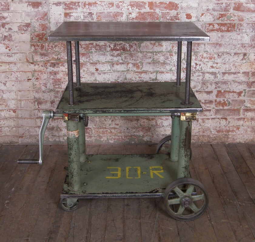 Vintage Industrial Adjustable Metal Lift Cart / Table