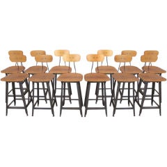 Set of 12 Vintage Industrial Wood & Metal Stools