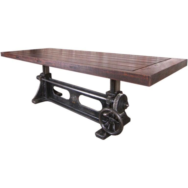 Vintage Industrial Adjustable Wood and Cast Iron Table at 1stDibs