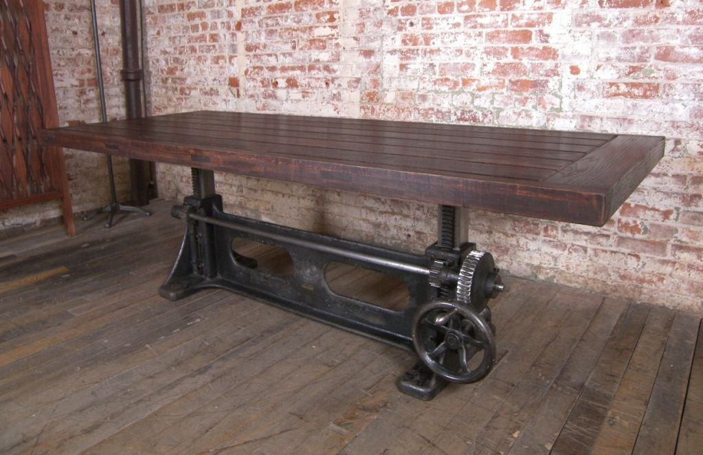 Vintage Industrial Adjustable Wood & Cast Iron Table. Height Adjusts from 23 1/2