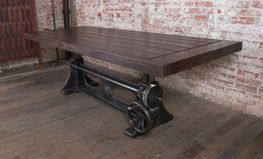 Vintage Industrial Adjustable Wood and Cast Iron Table at 